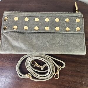 Hammitt Olive Suede Clutch with Gold Studs